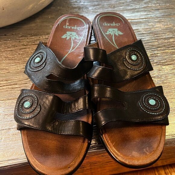 Dansko Black Leather w/ Turquoise Accent Velcro Strap Comfort Sandal Slides 42 - Picture 1 of 4